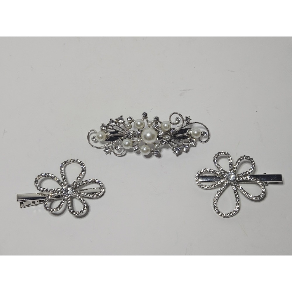 Faux Pearl Rhinestone Silver Tone Flower Hair Clip Barrette Set Lot of 3 Bridal